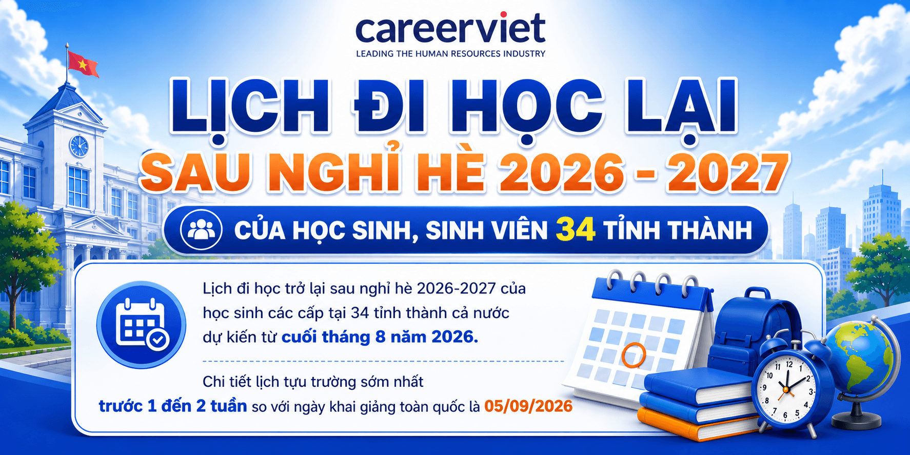 Lịch đi học lại sau nghỉ hè 2026 2027 của học sinh, sinh viên 34 tỉnh thành